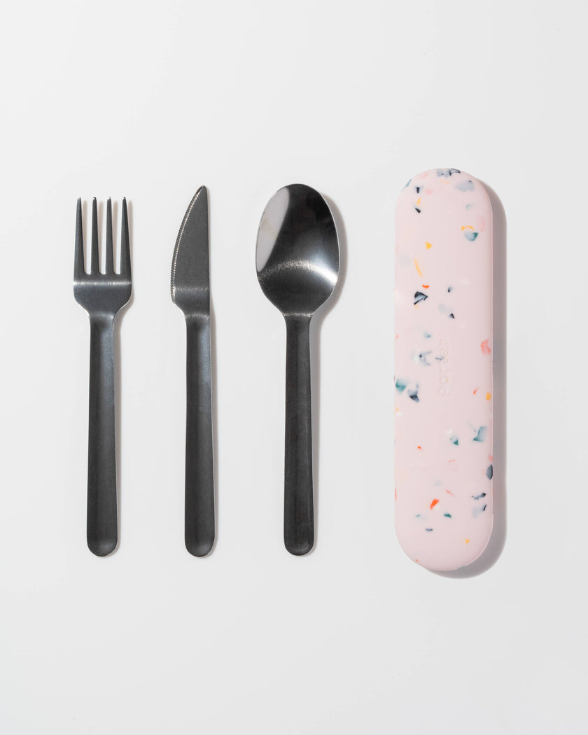 W&P Stainless Steel Utensils Set in Silicone Carry Case: Terrazzo Cream