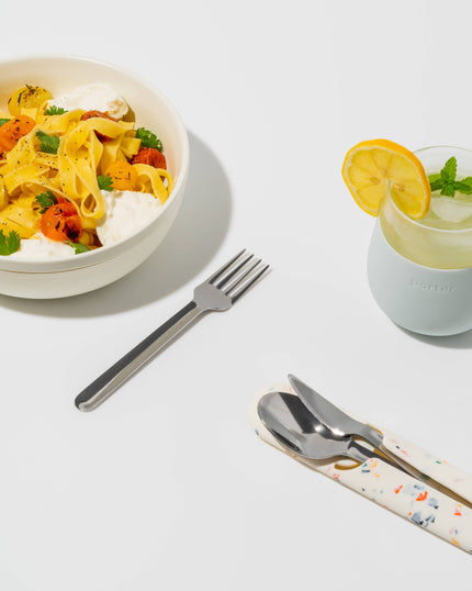 W&P Stainless Steel Utensils Set in Silicone Carry Case: Terrazzo Cream