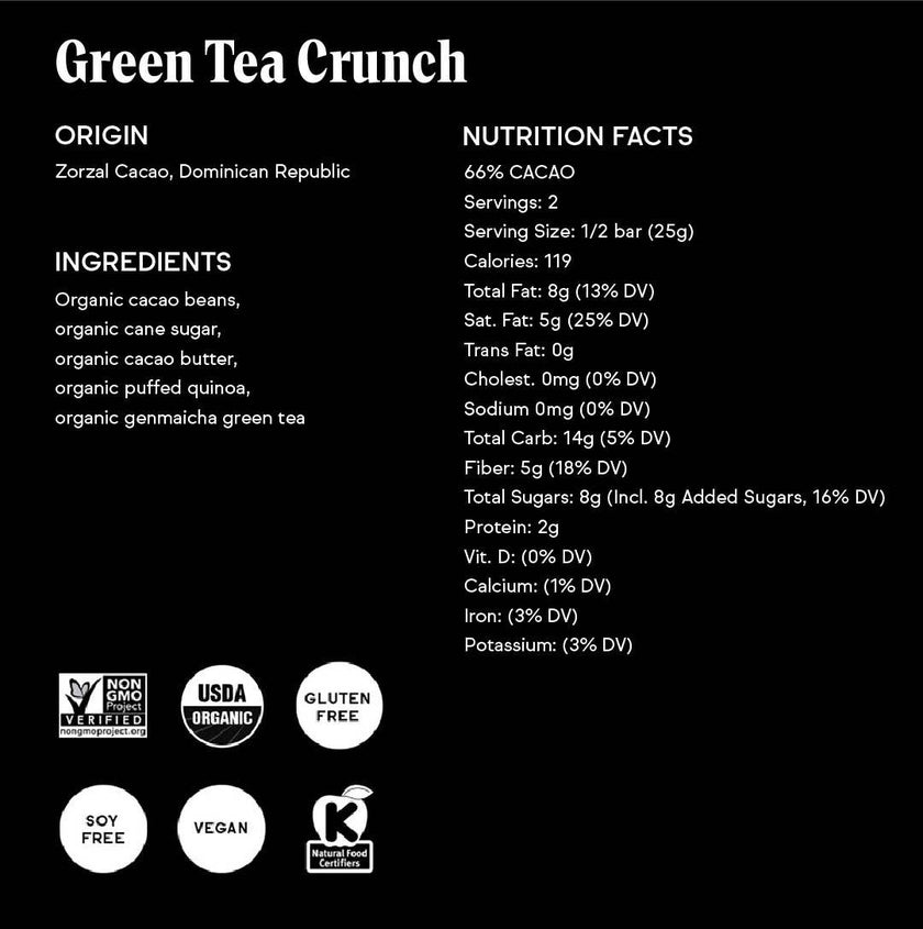Raaka 66% Green Tea Crunch Chocolate Bar